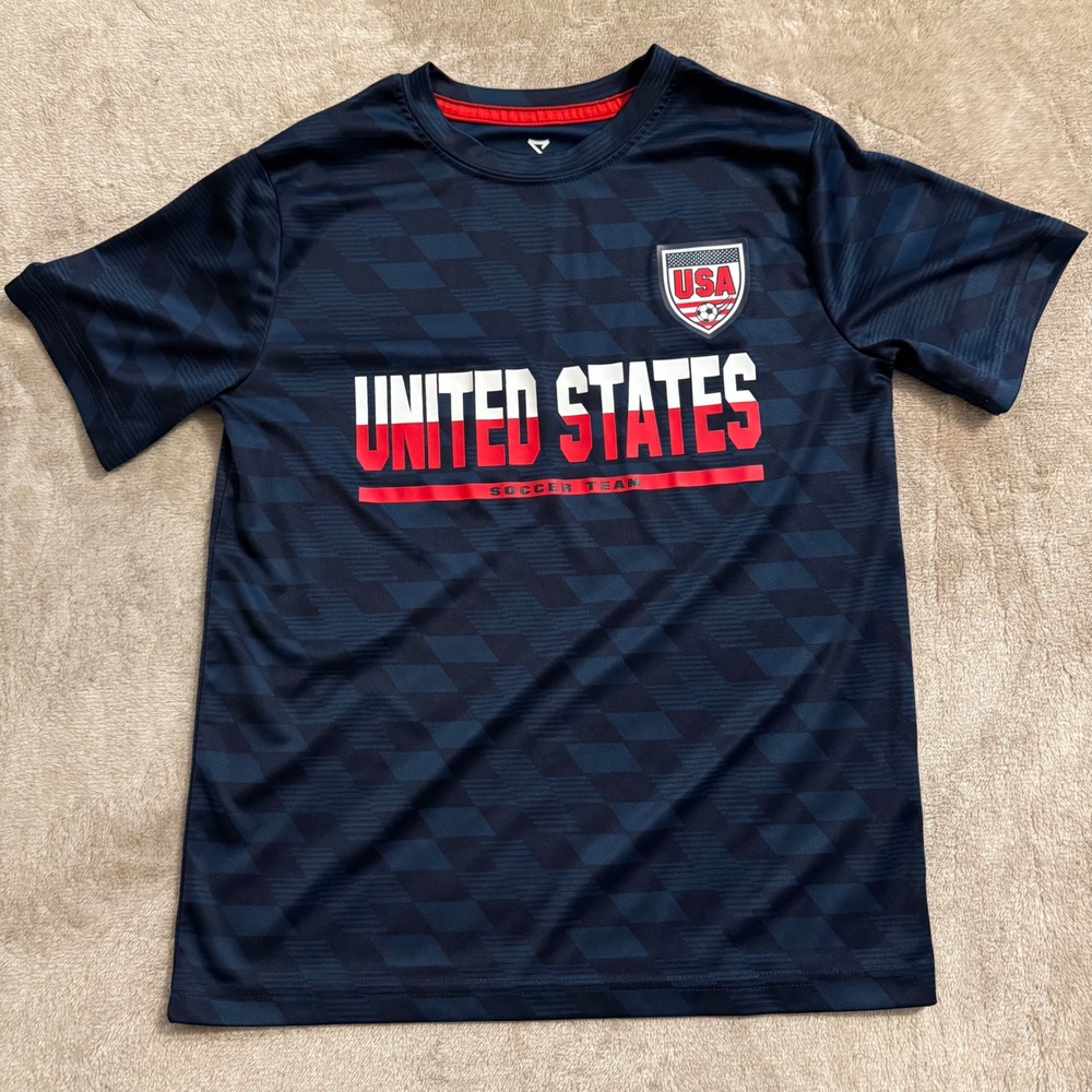 Striker Boys United States Soccer Team Jersey Navy Blue Geometric Print Size M